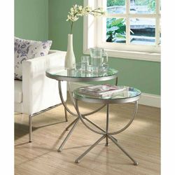 Satin Silver 2 piece Nesting Table Set With Tempered Glass