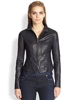 Armani Collezioni Reptile Embossed Leather Jacket   Navy Blue