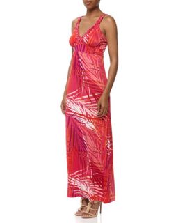 Braided Leaf Print Maxi Dress, Pink