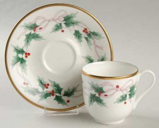Mikasa Ribbon Holly Flat Cup & Saucer Set, Fine China Dinnerware   Holly & Berry