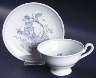Spode Bowpot Grey Footed Cup & Saucer Set, Fine China Dinnerware   Gray Flowers,