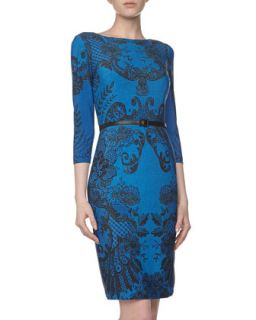 Floral Patterned Belted Sheath Dress, Blue/Black