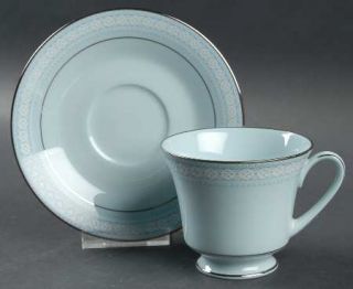 Noritake Wedding Veil Footed Cup & Saucer Set, Fine China Dinnerware   Blue & Wh