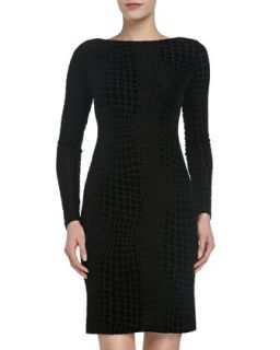 Croc Print Long Sleeve Fitted Dress, Black