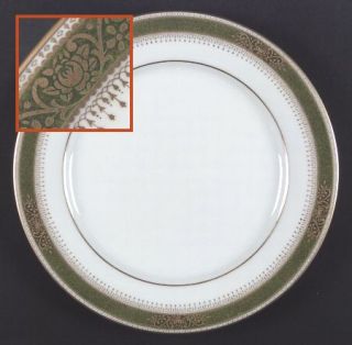 Noritake Perdita Dinner Plate, Fine China Dinnerware   Gold Flowers On Green Ban