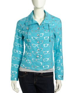 Sunglasses Print Crystal Button Jacket, Turquoise