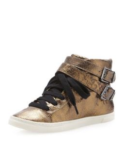 Aila Double Buckle Leather Sneaker, Gold