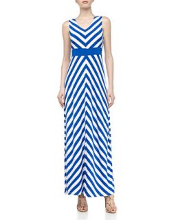 Sleeveless Striped Stretch Knit Maxi Dress, Cobalt/White