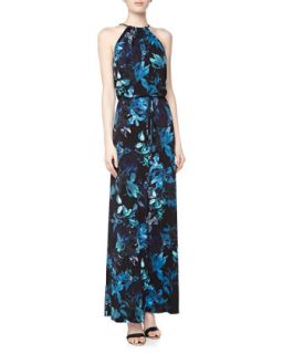 Floral Print Jersey Maxi Dress, Blue