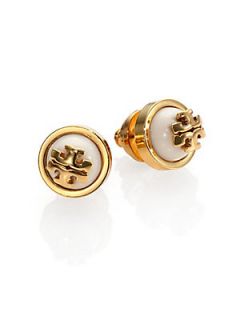 Tory Burch Melodie Cabochon Logo Stud Earrings   Ivory