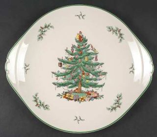 Spode Christmas Tree Green Trim Handled Cake Plate, Fine China Dinnerware   Newe
