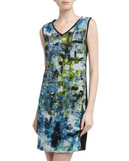 Sleeveless Watercolor Palette Print Dress, Blue/Green/Black