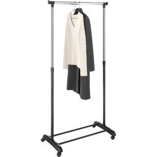 Whitmor Chrome/ Black Adjustable Steel Garment Rack (Chrome/blackMaterials Chrome steelQuantity One (1)Dimensions 66 inches high x 33 inches wide x 17.8 inches deepChromed steel hanging barHeavy duty wheelsAdjustable height and widthSturdy tubular bott