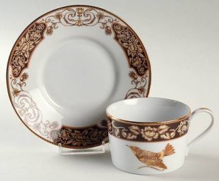 Muirfield Songbird Flat Cup & Saucer Set, Fine China Dinnerware   Tan Flowers On