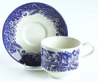 Churchill China Currier & Ives Blue Flat Cup & Saucer Set, Fine China Dinnerware