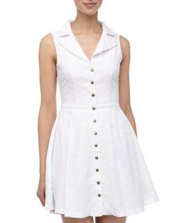 Notched Collar Eyelet Fit And Flare Dress, White