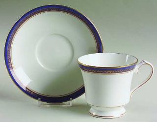 John Aynsley Blue Garland Footed Cup & Saucer Set, Fine China Dinnerware   Gold