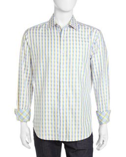 Roger Herringbone Woven Sport Shirt, Blue/Yellow