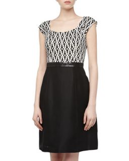 Leaf Pattern Fit And Flare Dress, Black/White