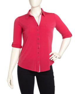 Contrast Placket Buttoned Blouse, Cherry, Womens