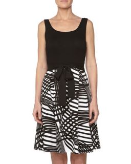 Sleeveless Graphic Print Sateen Dress, Black/White