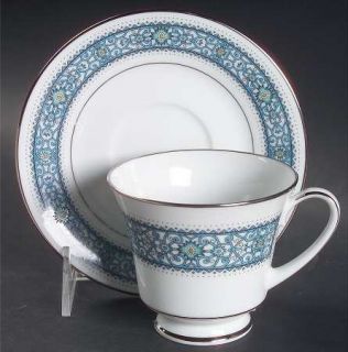 Noritake Larue Footed Cup & Saucer Set, Fine China Dinnerware   Blue Scroll Band