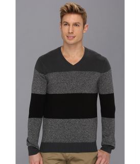 Perry Ellis Rugby Stripe V Neck Sweater Mens Long Sleeve Pullover (Black)