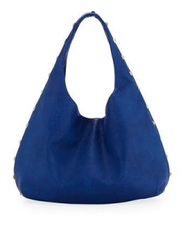 Pebbled Faux Leather Studded Hobo, Cobalt