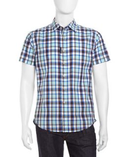 Short Sleeve Check Poplin Sport Shirt, Turquoise/Jellyfish