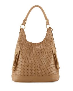 Dylan Perforated Leather Hobo Bag, Nougat