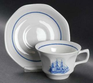 Wedgwood American Clipper Blue Flat Cup & Saucer Set, Fine China Dinnerware   Bl