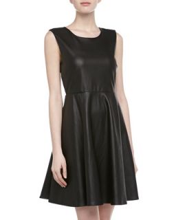 Faux Leather Fit And Flare Dress, Black