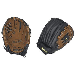 Wilson A360 13 inch Glove Left Handed Thrower (Brown/blackBrand WilsonClosed back with hook and loop strapFull leather palm and web All positionsAso web 13 inchesAdult/child AdultMale/female MaleLeft handed throwerMaterial LeatherColor Brown/blackBra