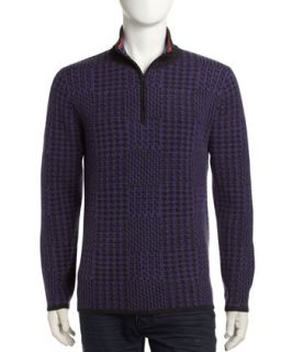 Cashmere Houndstooth Zip Placket Pullover Sweater, Purple