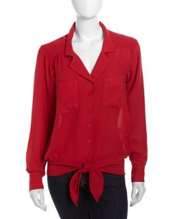 Long Sleeve Knot Front Silk Blouse, Red