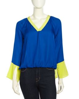 V Neck Bell Cuff Silk Blouse, Paradise Blue/Lime