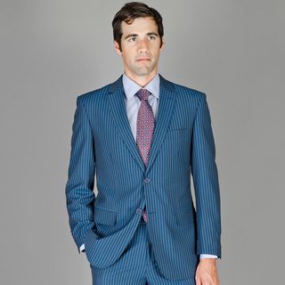 Mens Blue Stripe Wool And Silk Blend Suit