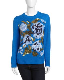 Floral Knit Long Sleeve Sweater, Princess Blue