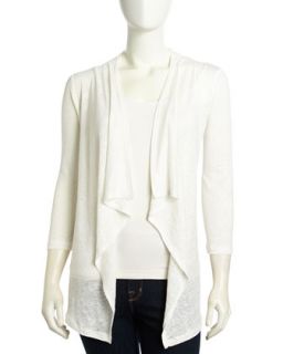 Ruched Linen Open Front Cardigan, Ivory