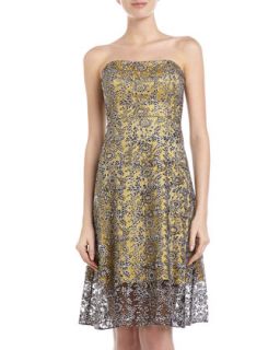 Strapless Embroidered Lace Cocktail Dress, Yellow