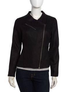 Long Sleeve Asymmetric Linen Moto Jacket, Black