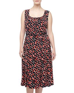 Sleeveless Graphic Print Sateen Dress, Navy/Coral, Womens