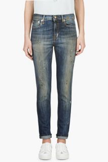 R13 Blue Paint Rub Slouch Skinny Faded Jeans