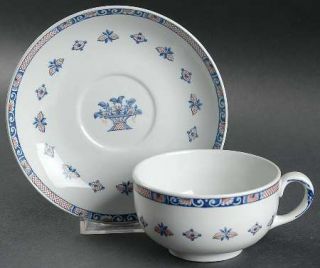 Wedgwood Vieux Rouen Flat Cup & Saucer Set, Fine China Dinnerware   Blue&Red Dec