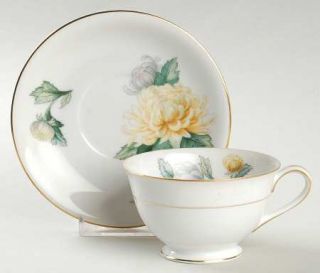 Sango Chrysanthemum (Rim) Footed Cup & Saucer Set, Fine China Dinnerware   Yello