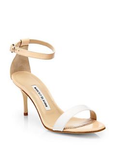 Manolo Blahnik Chaos Bicolor Leather Ankle Strap Sandals   Nude White