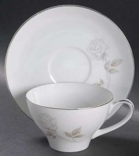 Noritake Rosay Flat Cup & Saucer Set, Fine China Dinnerware   Gray/White Roses O