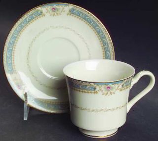 Mikasa Lexington Footed Cup & Saucer Set, Fine China Dinnerware   Blue Border,Wh