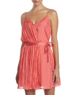 Pleated Wrap Dress, Coral