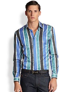 Versace Collection Multi Stripe Button Down Shirt   Blue